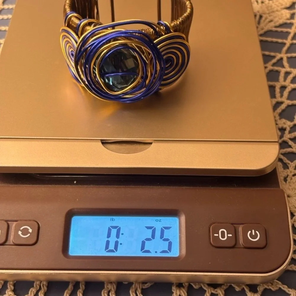 Chunky Blue Gold Wire Gemstone Statement cuff bracelet size 6.5 with flex